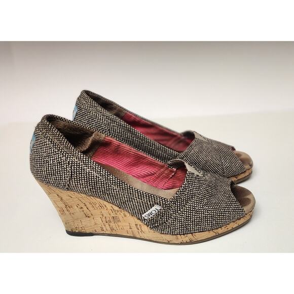 TOMS Women's Brown Fabric Cork Wedge Peep Toe Sandals Heels Shoes Platform Sz 7 - Picture 3 of 7
